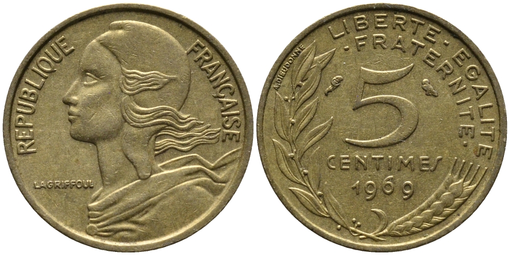 ФРАНЦИЯ 5 САНТИМОВ 1969 ТИП MARIANNE KM 933 медь алюминий никель 176-659