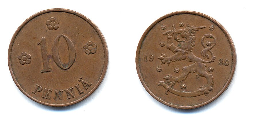Финляндия 10 пенни 1929 республика (1918-1962) KM 24 медь 46-1641
