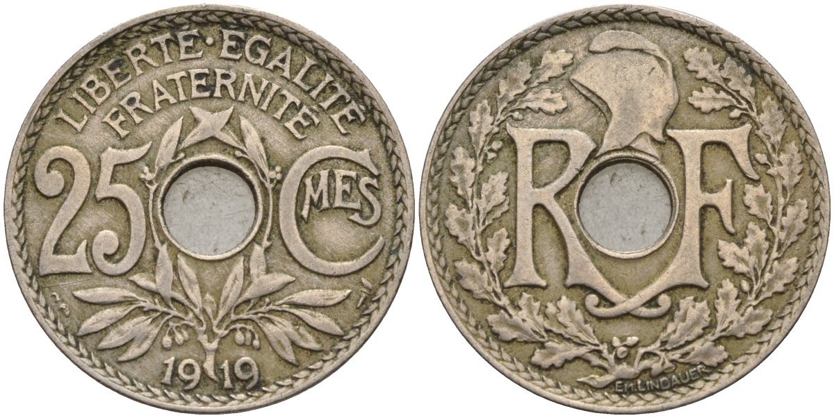 Франция 25 сантимов 1919 KM 867a, Le Franc 171.7 медно-никель 4142-1251