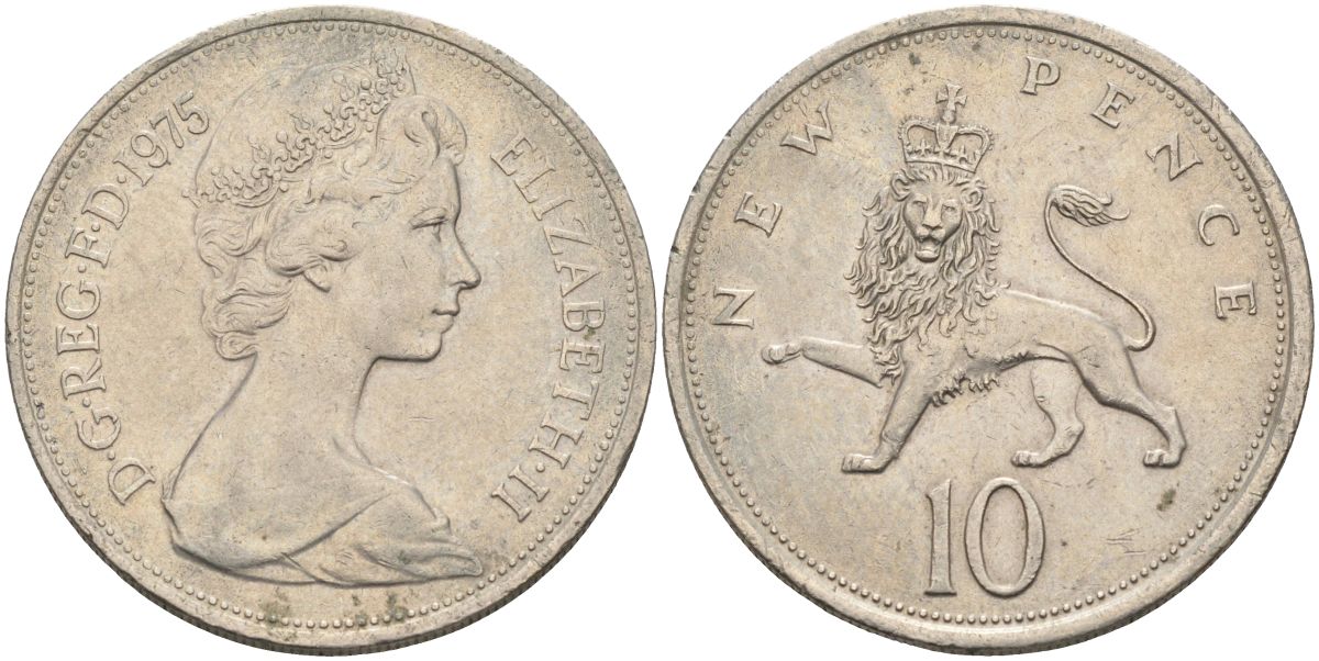 Великобритания 10 пенсов 1975 Елизавета II (1952-2022) KM 912, Spink 4231 (F1) медно-никель 4117-925