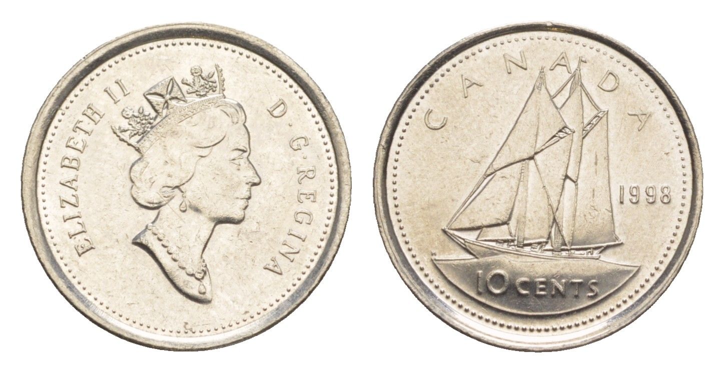 Канада 10 центов 1998 Елизавета II (1952-2022), парусник KM 183 никель 4636-639
