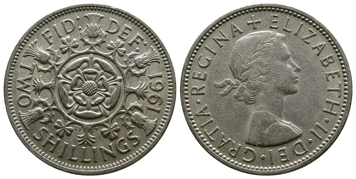 Великобритания 2 шиллинга (флорин) 1961 Елизавета II (1952-2022) KM 906, Spink 4146 медно-никель 4382-315