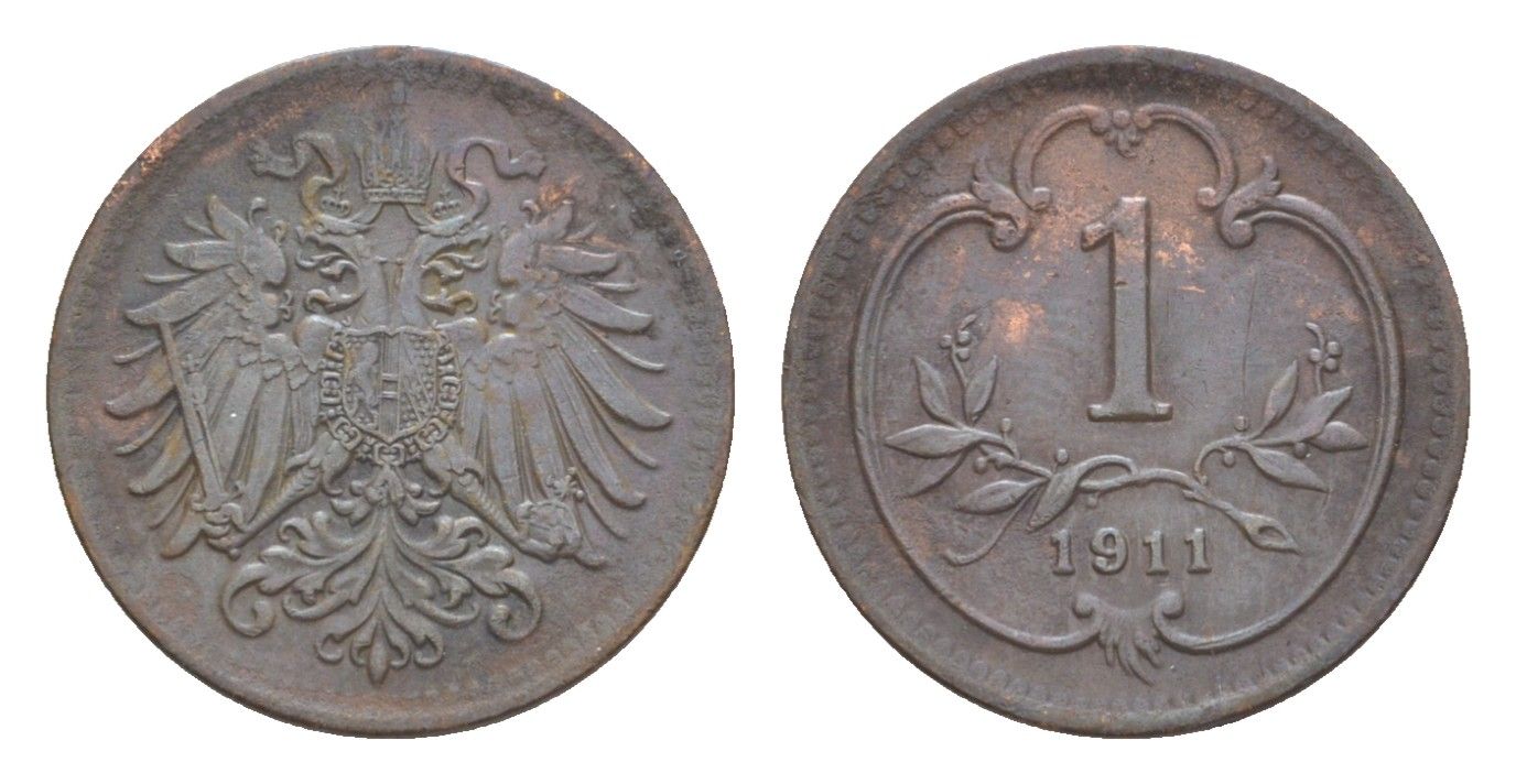 Австрия 1 геллер 1911 Франц Иосиф I (1848-1916) KM 2800 бронза 4639-959