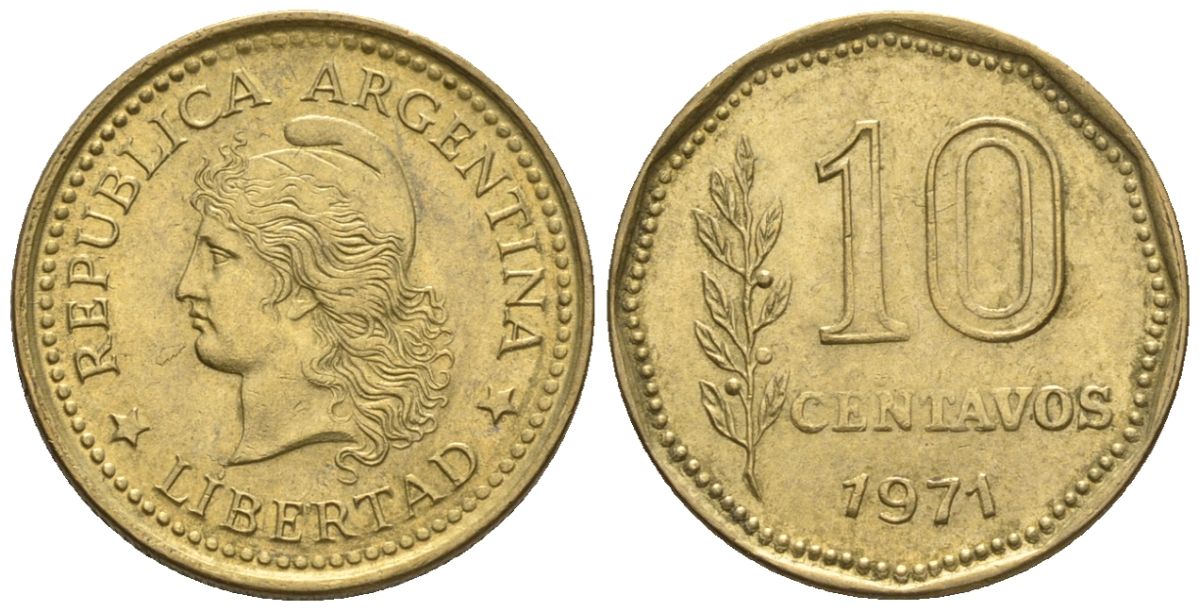 Аргентина 10 сентаво 1971 голова свободы влево KM 66, CJ 344, Schon 66 алюминиевая бронза    4609-1219