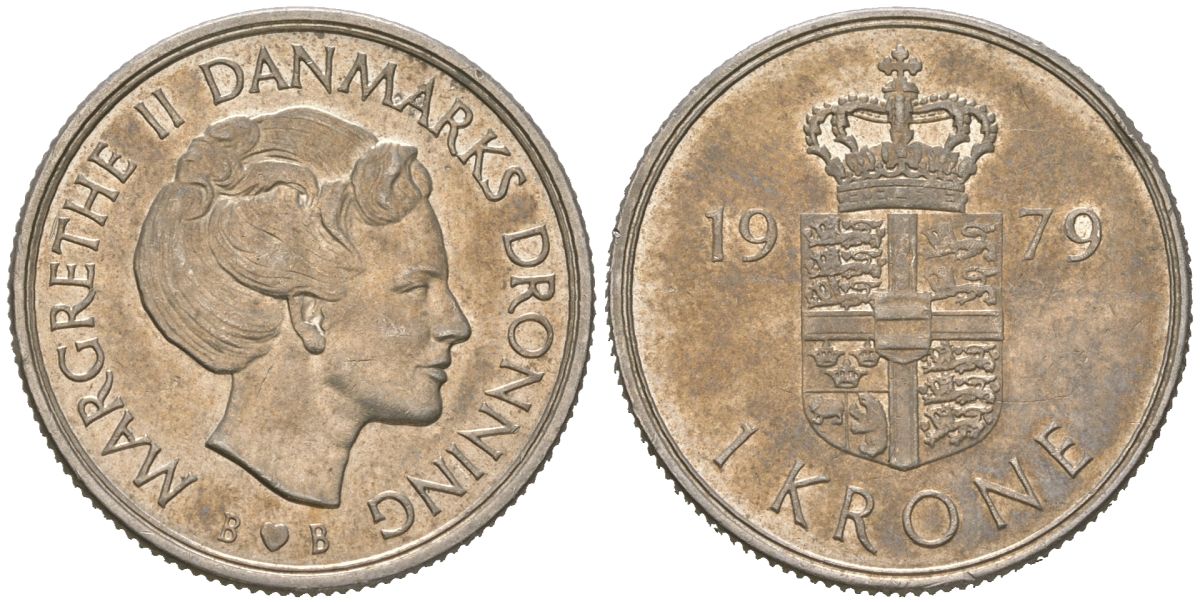 Дания 1 крона 1979 B; S, Маргрете II (1972-) KM 862 медно-никель aUNC 216-124