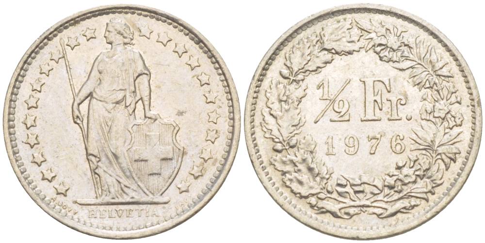 ШВЕЙЦАРИЯ 1/2 ФРАНКА 1976 KM 23а.1 медно-никель 4532-1049