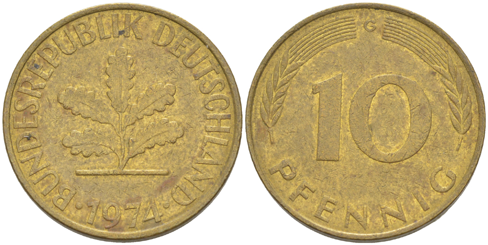 ФРГ 10 ПФЕННИГОВ 1974 G KM 108, J. 383 сталь плакированная латунью 4182-841