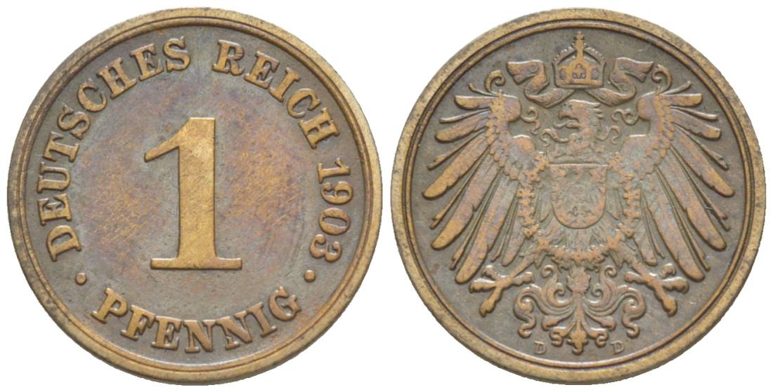 ГЕРМАНИЯ 1 ПФЕННИГ 1903 D KM 10, Jager. 10, Weege 2 медь 4528-1217