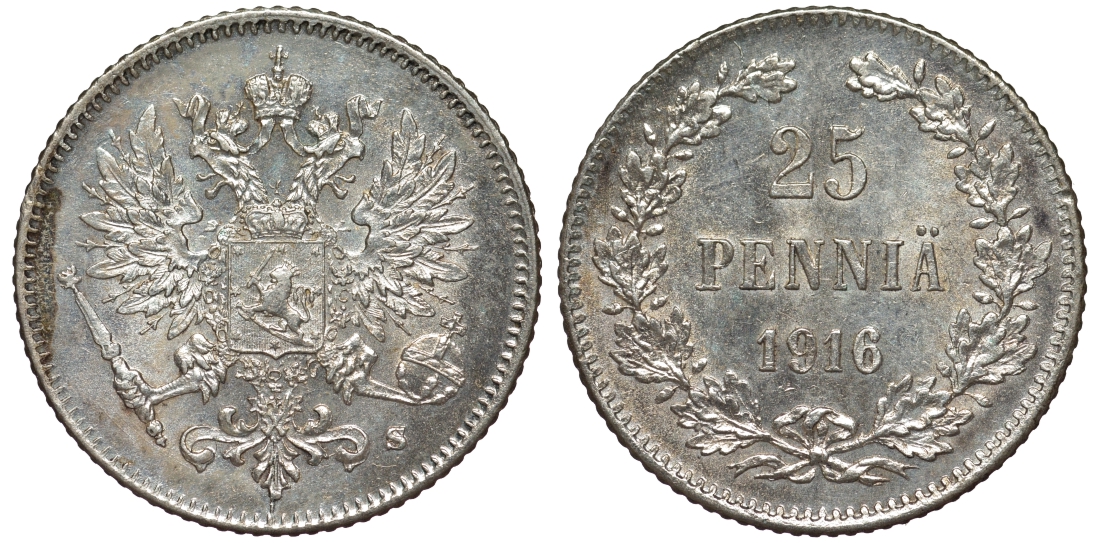 Россия для Финляндии 25 пенни 1916 S, Николай II (1894-1917) KM 6.2, Биткин 421 серебро 75-1343