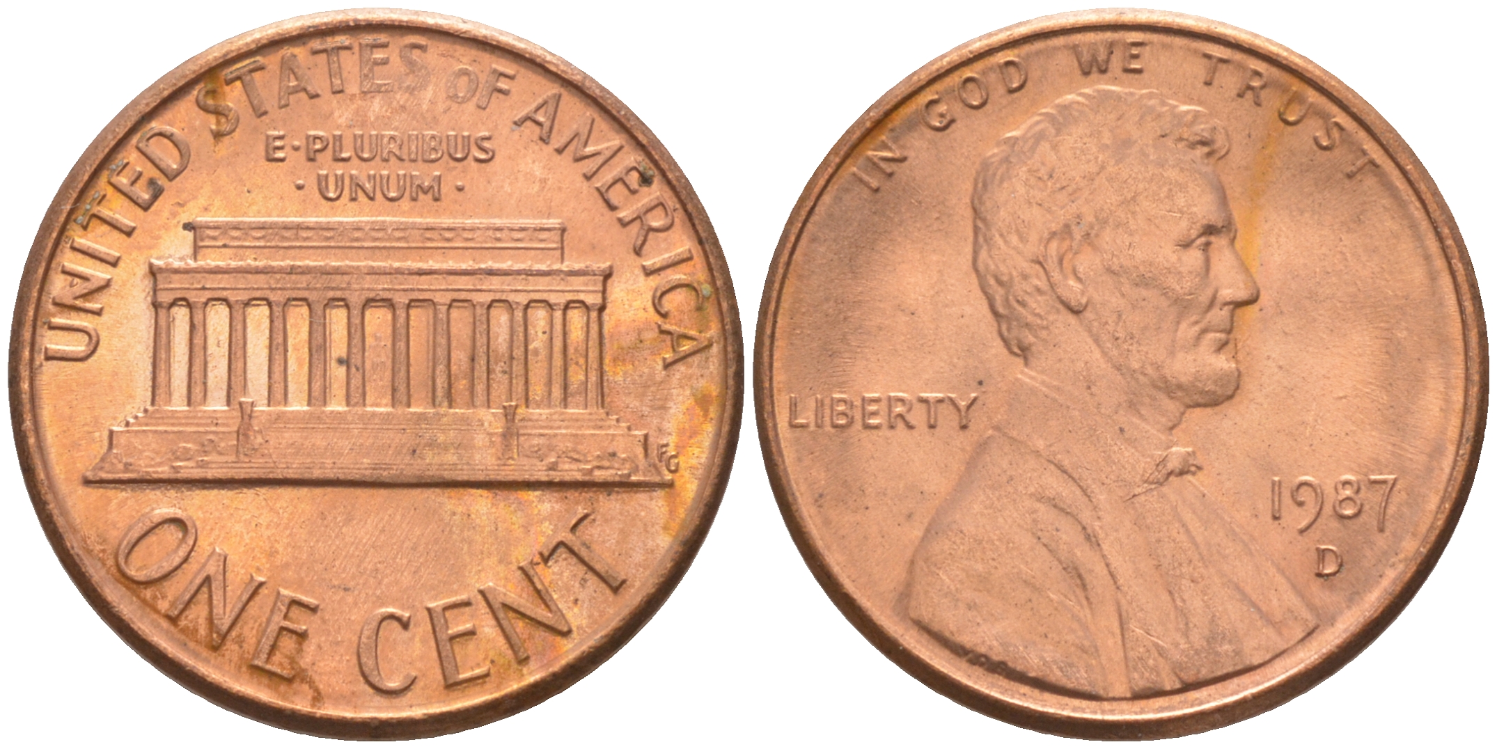 США 1 цент 1987 D, Линкольн KM 201b цинк плакированный медью UNC 188-235