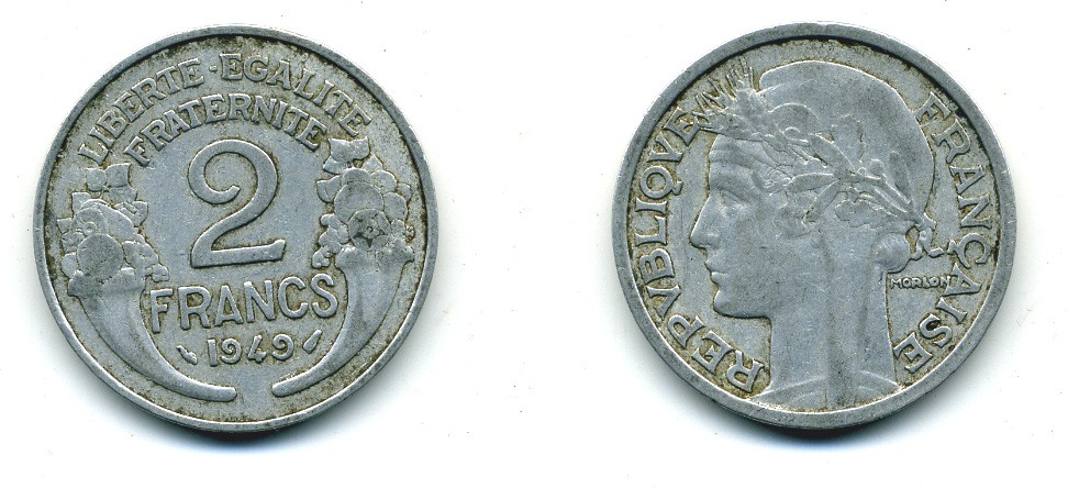 ФРАНЦИЯ 2 ФРАНКА 1949 KM 886а.1 алюминий 84-622