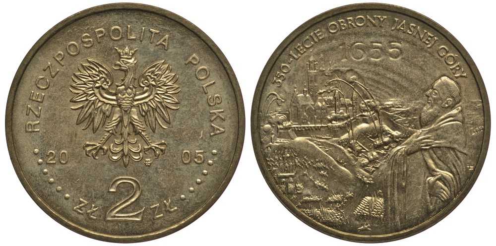 Польша 2 злотых 2005 MW, 350 лет обороны монастыря Ясна Гора в Ченстохове KM 524, Parchimowicz 955 латунь 114-212