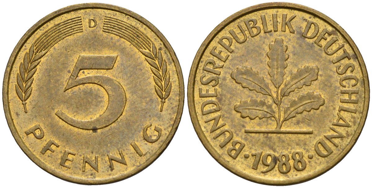 ФРГ 5 пфеннигов 1988 D KM 107, J.382 сталь плакированная латунью 4115-1229