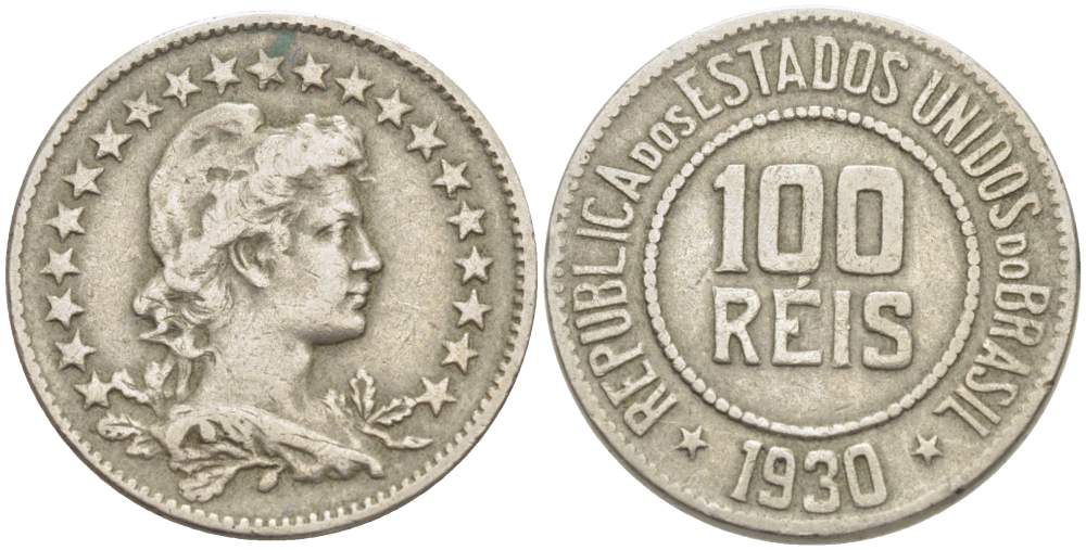 БРАЗИЛИЯ 100 РЕЙС 1930 ГОЛОВА СВОБОДЫ ВПРАВО KM 518 медно-никель 4529-546