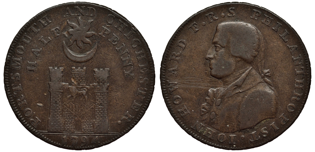 Великобритания 1/2 пенни 1794 Хэмпшир - Портсмут / Джон Ховард Dalton & Hamer 55, Atkins 34 медь 1523-923