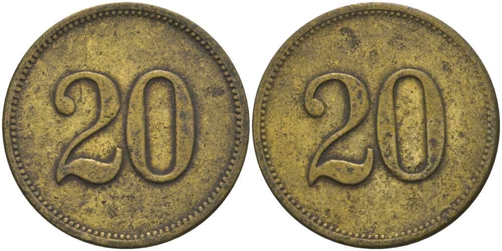 ФРАНЦИЯ 20 САНТИМОВ ND ПЛАТЕЖНЫЙ ЖЕТОН НАЧАЛА XX ВЕКА, ЦИФРЫ НОМИНАЛА 10,5 ММ., ДИАМЕТР 23 ММ. латунь 98-955