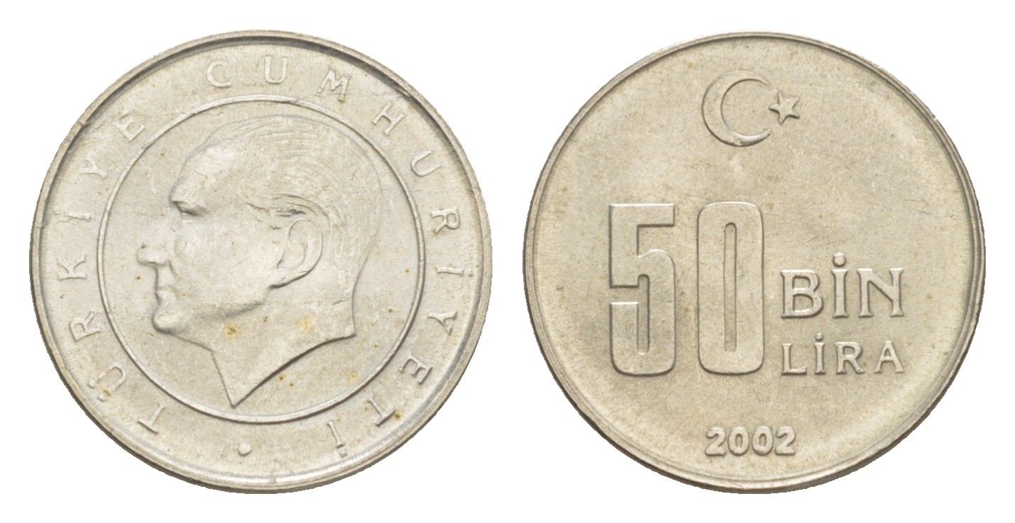 Турция 50000 лир 2002 Кемаль Ататюрк KM 1105 медь цинк нкиель 39-834