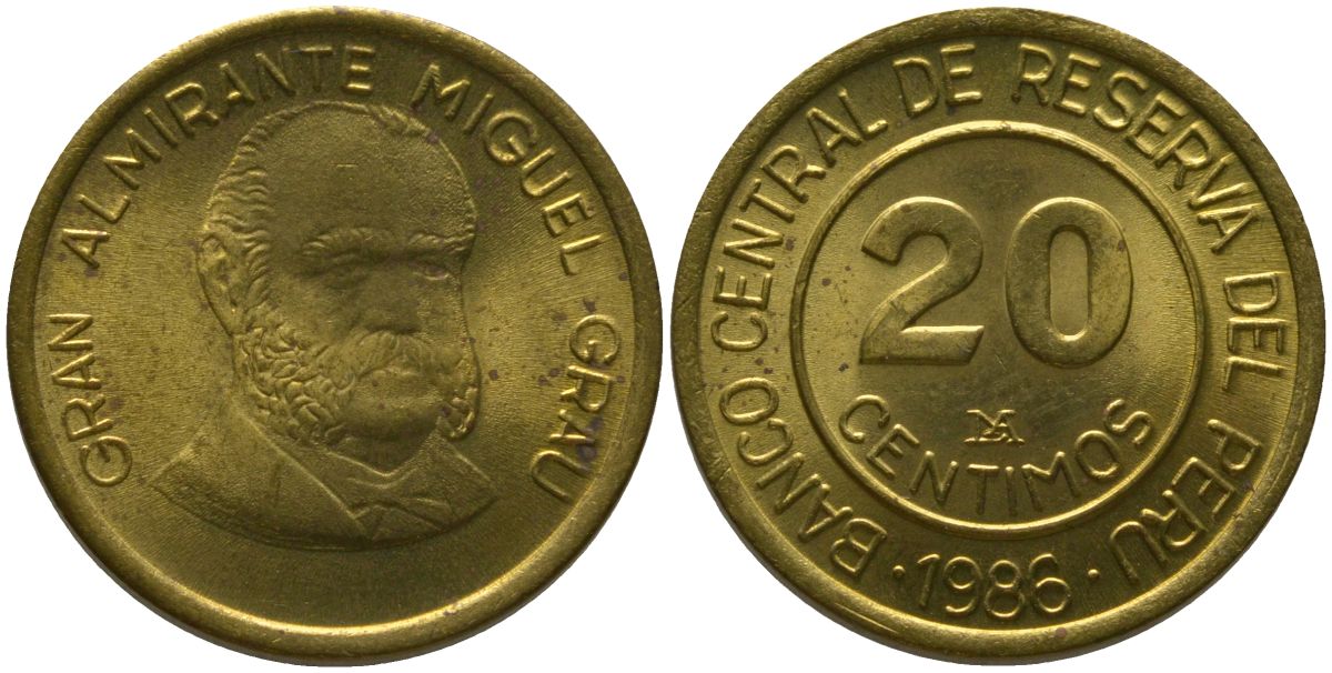 Перу 20 сентимо 1986 LIMA KM 294, Schon 95 латунь 4541-647