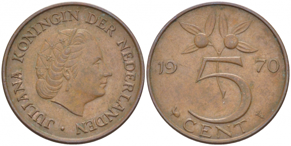 НИДЕРЛАНДЫ 5 ЦЕНТОВ 1970 ЮЛИАНА KM 181 бронза 214-823