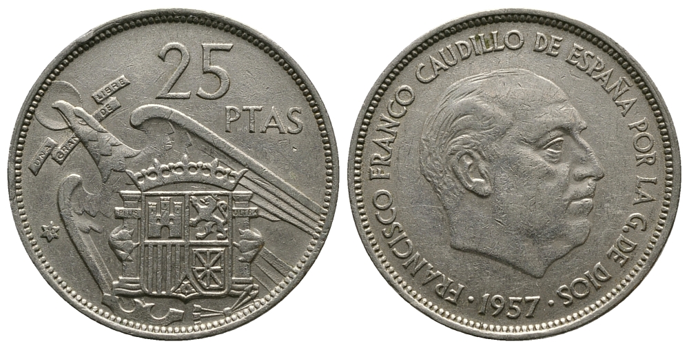 ИСПАНИЯ 25 ПЕСЕТ 1957 (70) ФРАНСИСКО ФРАНКО ДИКТАТОР ИСПАНИИ (1939-1975) KM 787 медно-никель 89-1152