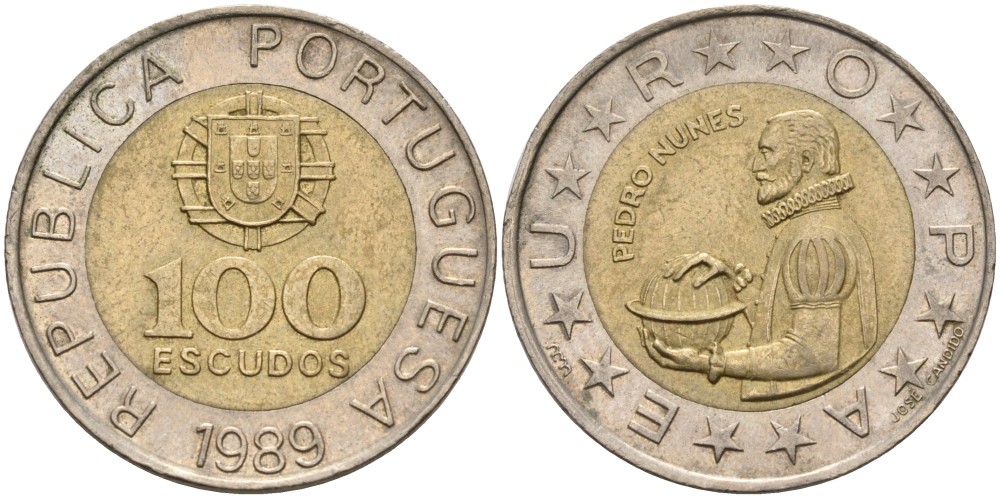 Португалия 100 эскудо 1989 Педру Нуниш (1502-1578), математик KM 645.1 биметалл 176-352