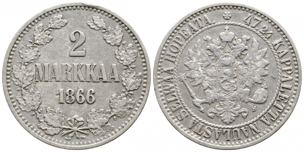 Россия для Финляндии 2 марки 1866 S, Александр II (1855-1881) KM 7.1, Биткин 618 серебро 443-642