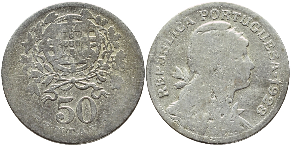 Португалия 50 сентаво 1928 KM 577 медно-никель 4395-826