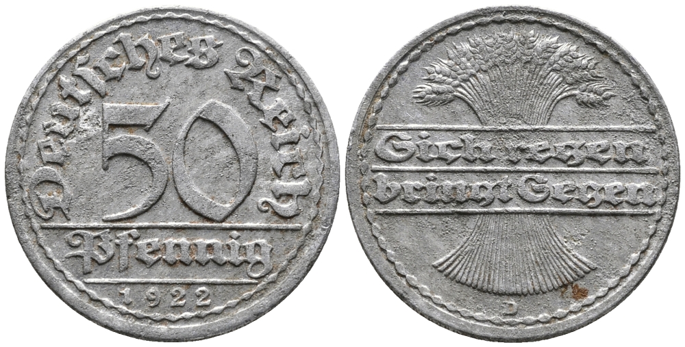 ГЕРМАНИЯ 50 ПФЕННИГОВ 1922 D KM 27, J. 301 алюминий 24-1053