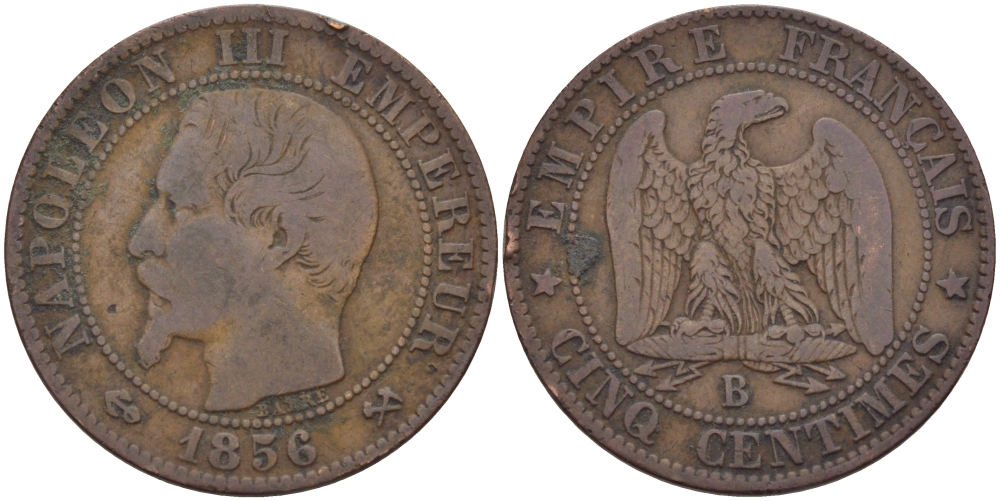 ФРАНЦИЯ 5 САНТИМОВ 1956 В, НАПОЛЕОН III (1852-1870) KM 777.2, LA FRANC 116.31 бронза 28-627