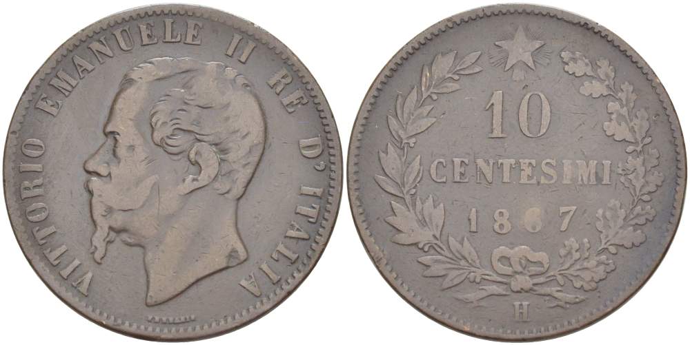 Италия 10 чентезимо 1867 H, Виктор Эммануил II (1861-1878) KM 11.3 медь 4526-835