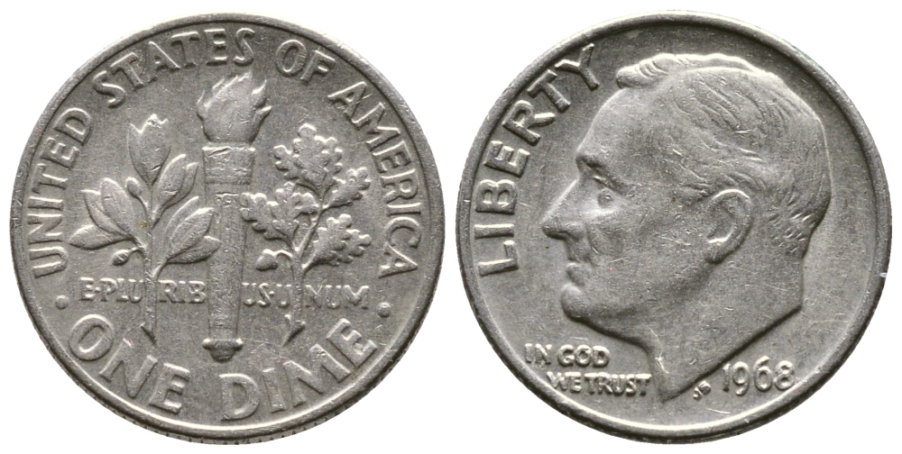 США 10 ЦЕНТОВ = 1 ДАЙМ 1968 РУЗВЕЛЬТ KM 195а медь плакированная медно-никелем 177-1435