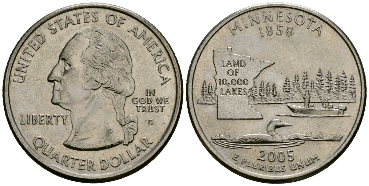 США 25 центов = квотер 2005 D, серия штаты США, Миннесота KM 371 медь плакированный медно-никелем 4138-1015