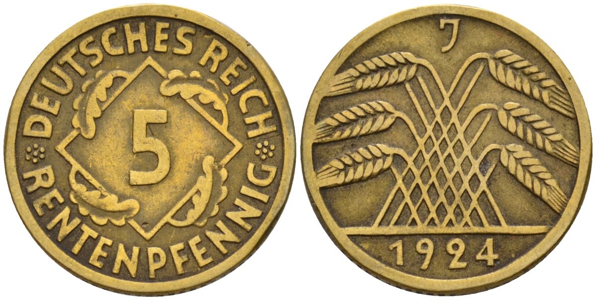 Германия 5 рентенпфеннигов 1924 J KM 32, J. 308 алюминиевая бронза 4151-669