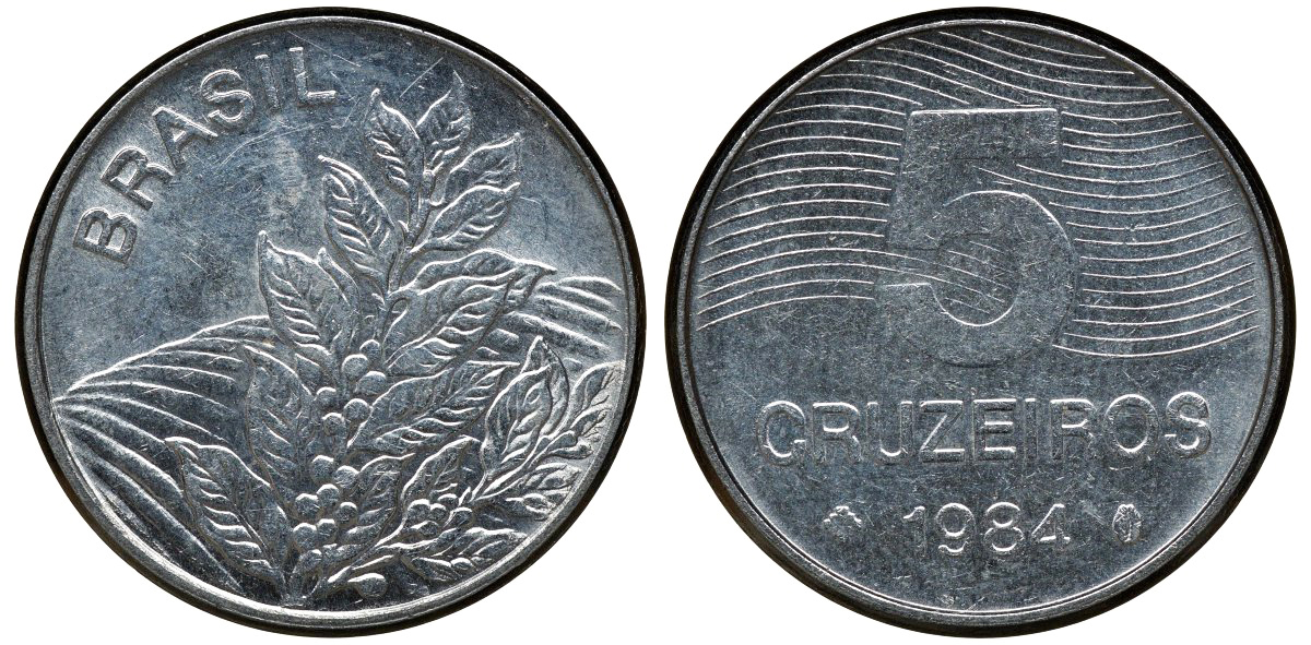 БРАЗИЛИЯ 5 КРУЗЕЙРО 1984 КОФЕ KM 591 сталь aUNC 72-944