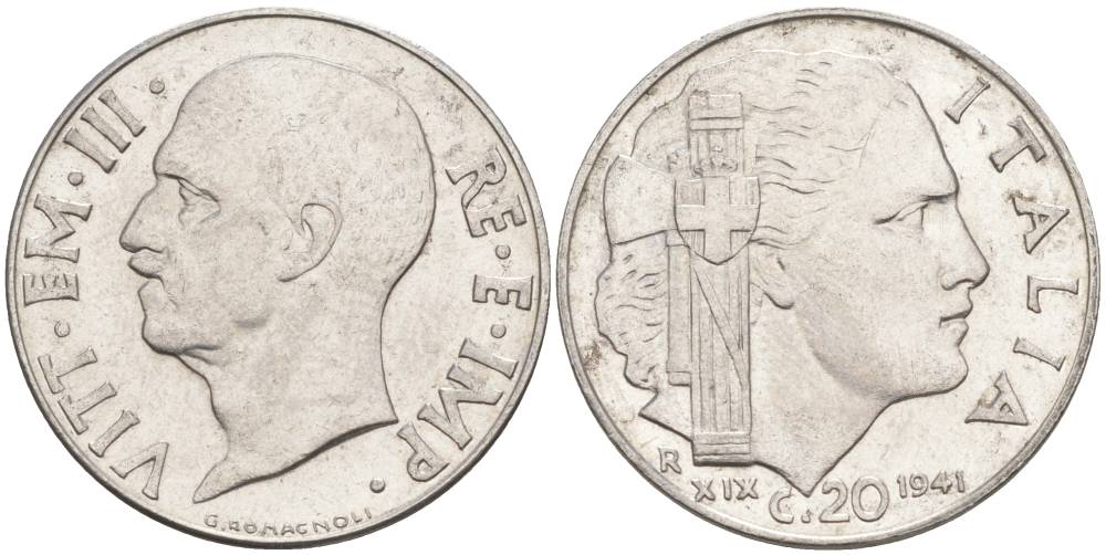 ИТАЛИЯ 20 ЧЕНТЕЗИМО 1941 R, ГОД XIX, ВИКТОР ЭММАНУИЛ III (1900-1946) KM 75b, VEM3. 1028 нержавеющая сталь 3853-625
