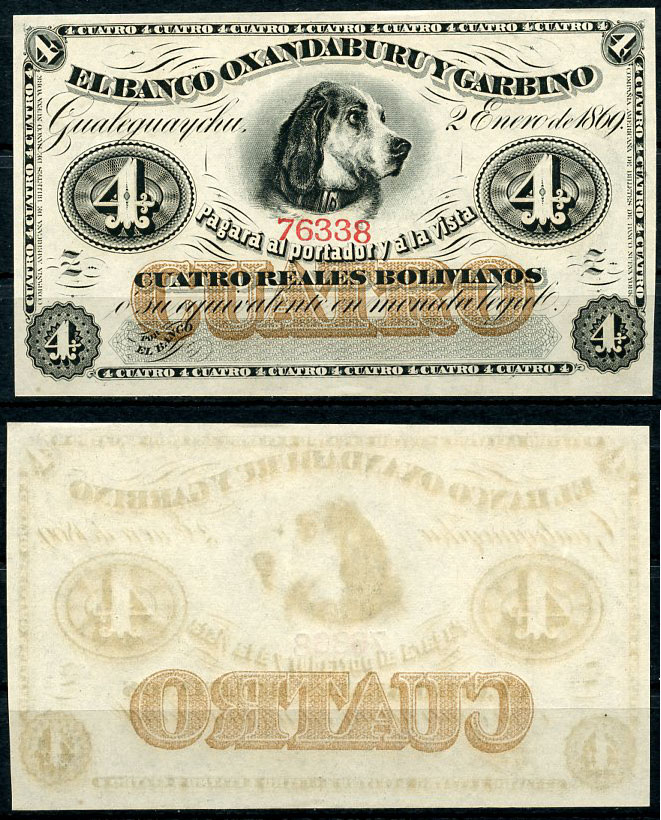 Аргентина 4 реала боливиано 1869 Banco Oxandaburu y Garbino, собака Pick S1781r  бумага  aUNC 451-469-3