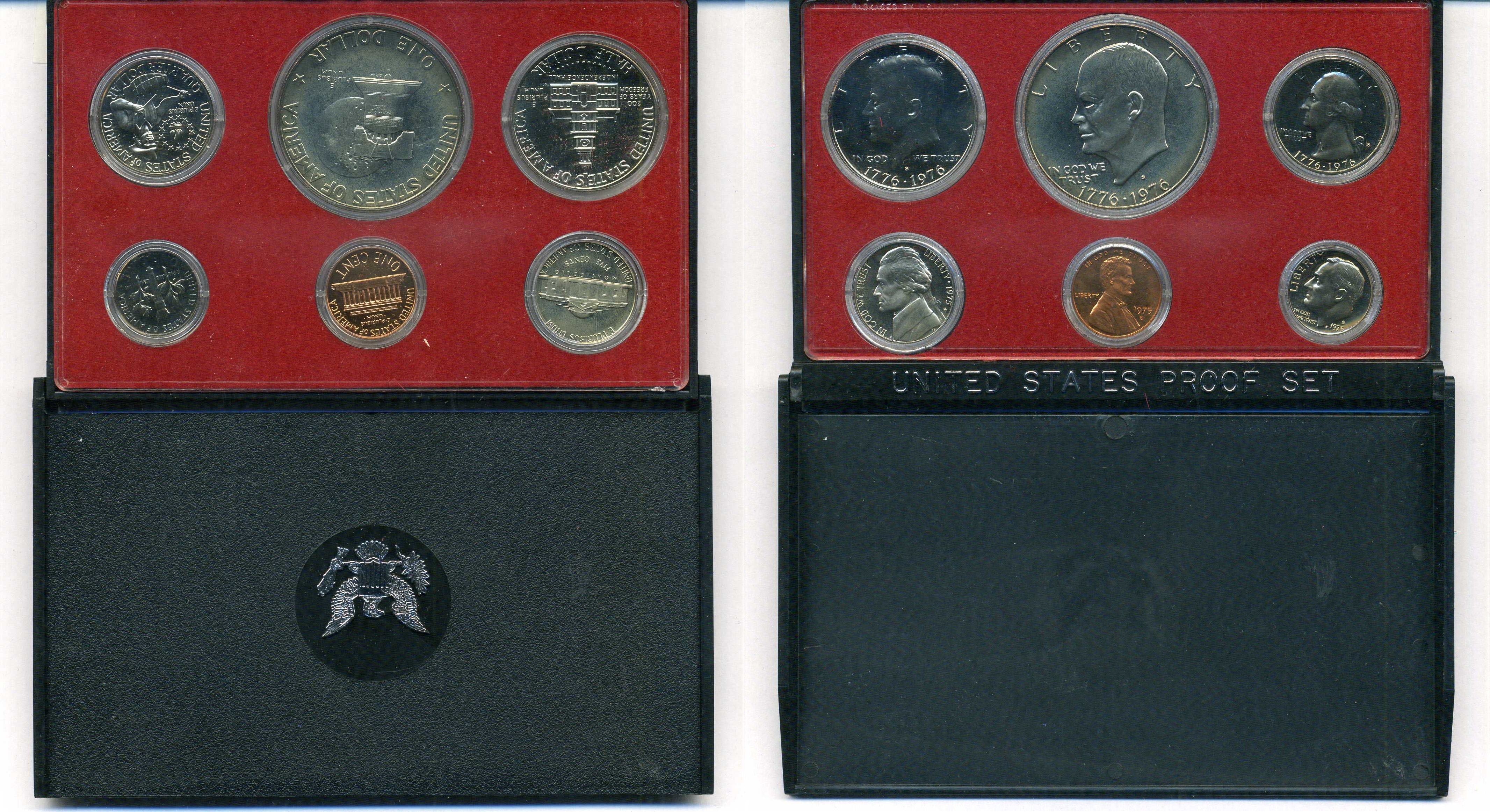 США годовой набор из 6 монет (1, 5, 10, 25 и 50 центов; 1 доллар) 1975 в оригинальной упаковке KM PS138 (A192, 195a, 201, 204, 205 и 206) PROOF 8-2-02-24