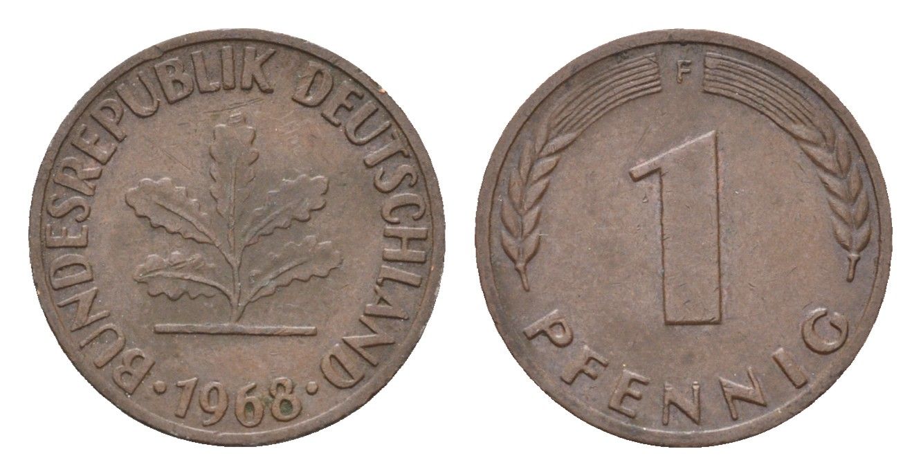 ФРГ 1 пфенниг 1968 F KM 105, J.380 сталь плакированная медью 4618-615