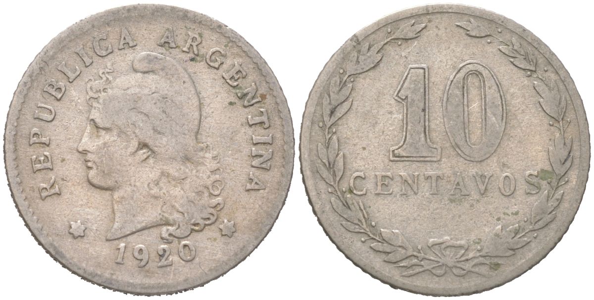 Аргентина 10 сентаво 1920 KM 35 медно-никель 4621-1052