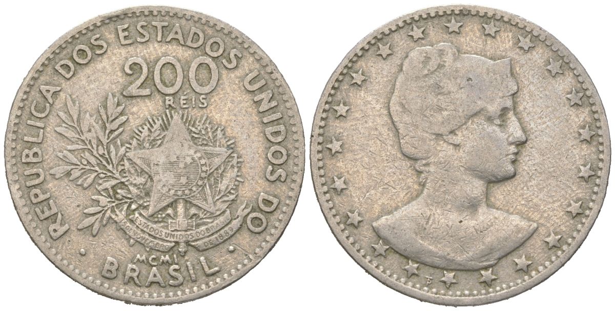 Бразилия 200 реалов 1901 MCMI, голова свободы вправо KM 504 медно-никель 4612-321