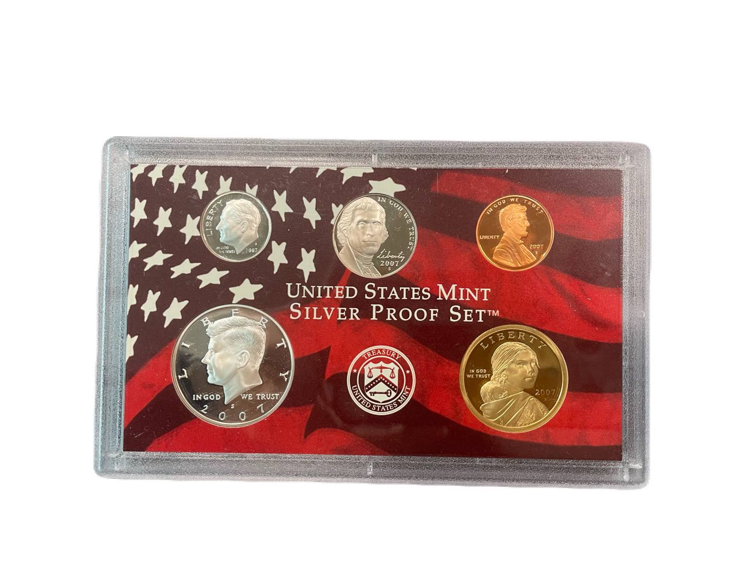 США полный годовой набор из 14 монет (1, 5, 10 (дайм) и 25 (квотер) центов; 1/2 (50 центов) и 1 доллар) 2007 в оригинальной упаковке с сертификатами KM 468, 381, 195a, A202b, 310, 396, 397, 398, 399, 400, 401, 402, 403 и 404 PROOF 5-4-1-18
