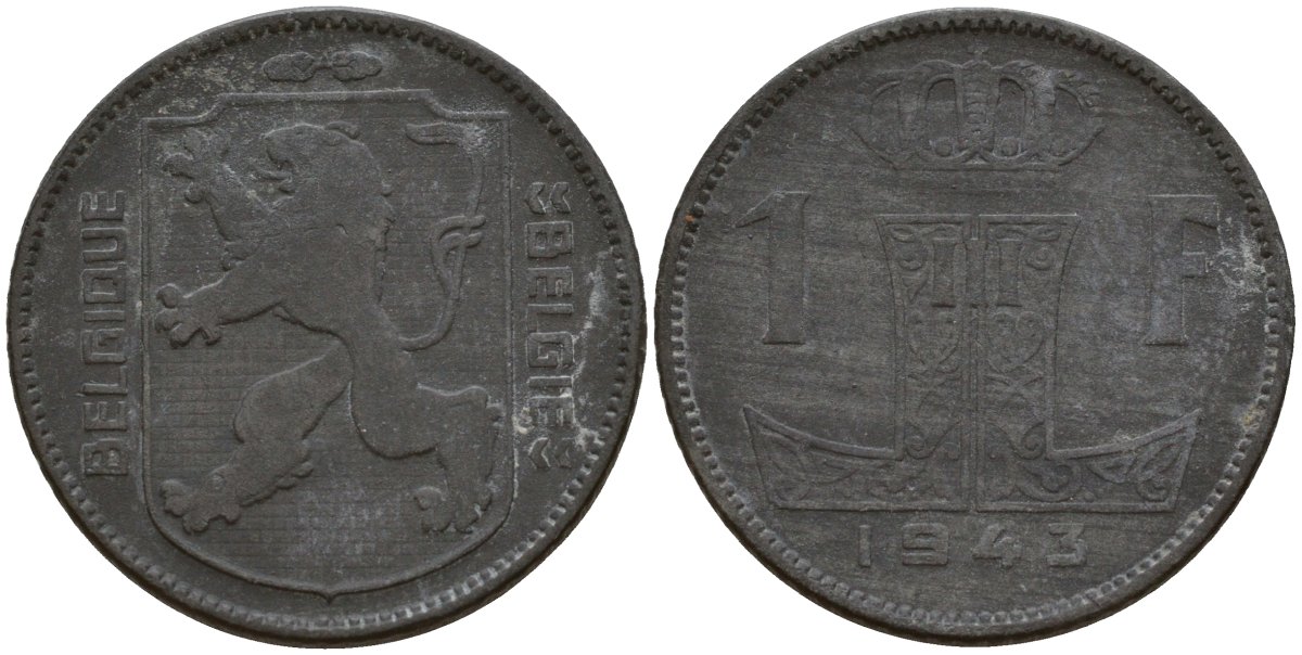 Бельгия 1 франк 1943 Belgique - Belgie, Леопольд III (1934-1947), германская оккупация, Вторая мировая война KM 127 цинк 4161-515