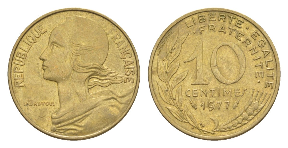 Франция 10 сантимов 1977 тип Morlon KM 929, Le Franc 144.17 алюминиевая бронза 4630-357