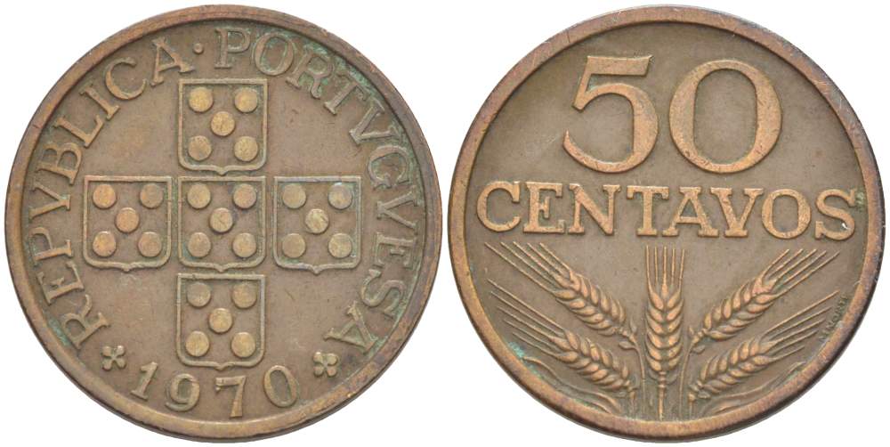 Португалия 50 сентаво 1970 KM 596 бронза 4523-612