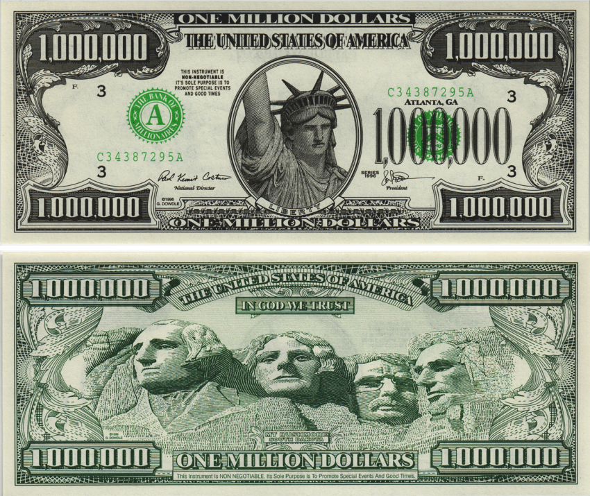 США 1000000 ДОЛЛАРОВ 1996 СУВЕНИРНАЯ БАНКНОТА, МЕМОРИАЛ ПРЕЗИДЕНТОВ бумага UNC (ПРЕСС) 8605-13-3-2