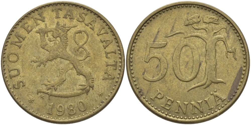 ФИНЛЯНДИЯ 50 ПЕННИ 1980 К KM 48 алюминиевая бронза 28-141