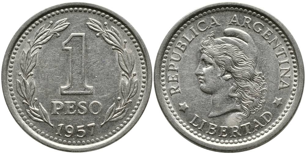 Аргентина 1 песо 1957 голова свободы влево KM 57 сталь плакированная никелем 4525-857