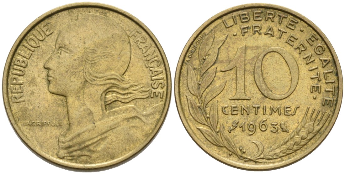 Франция 10 сантимов 1963 ТИП MORLON KM 929, Le Franc 144.3 медь алюминий никель 4567-131