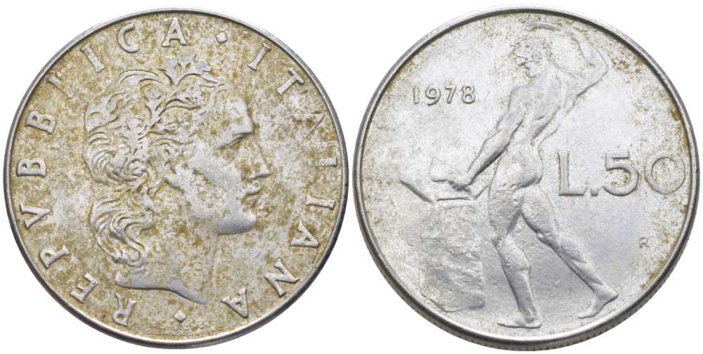 ИТАЛИЯ 50 ЛИР 1978 R, БОГ ОГНЯ ВУЛКАН У НАКОВАЛЬНИ KM 95.1 нержавеющая сталь 34-637