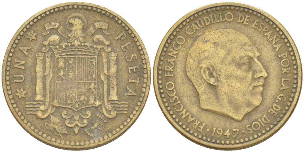 Испания 1 песета 1947 (53) Франсиско Франко (1939-1975) KM 775 алюминиевая бронза 216-542